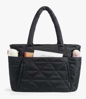 BAGSMART Large Quilted Puffy Tote Bag with 15.6 Inch Laptop Compartment Black